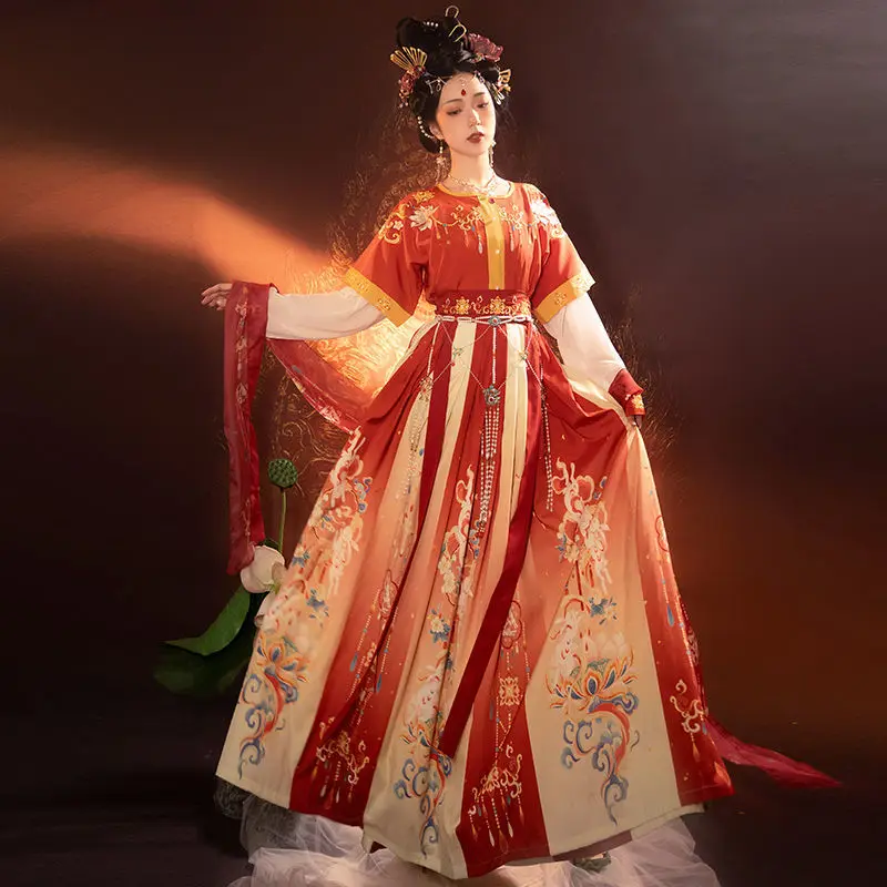 ‌ مجموعة Tang Dynasty Hanfu - تنورة عالية الخصر وشاح Dunhuang للرقص الشرقي للنساء