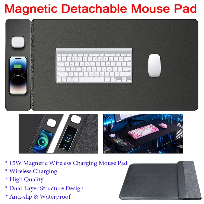 15W Dual-Layer Multi-functional Mouse Pad Magnetic Detachable 3-in-1 Wireless Charging Keyboard Pad for Phones and Headphones