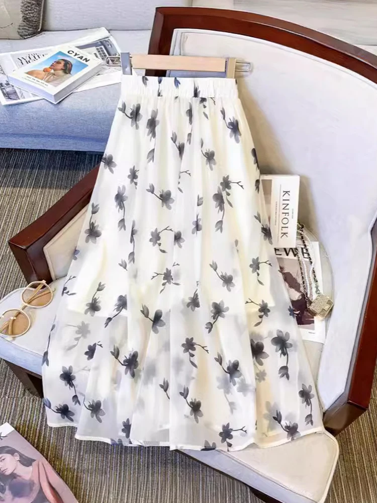Women Sweet Floral Long Skirt Fashion Elegant Loose High Waist A Line Skirts Summer Chic Casual All Match Lady Cute Long Skirts