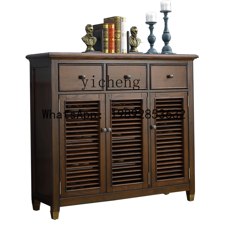 Solid Wood Three-Door Shoe Cabinet Simple Shutter Door Entrance Cabinet Balcony Shoe Rack Locker