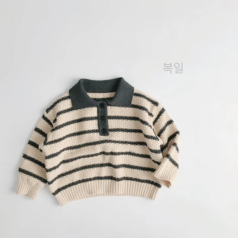 

Toddler Striped Polo Neck Sweater, 2025 New Contrast Collar Buttoned Knit Pullover for Boys, Stylish Kids' Top for Fall Winter