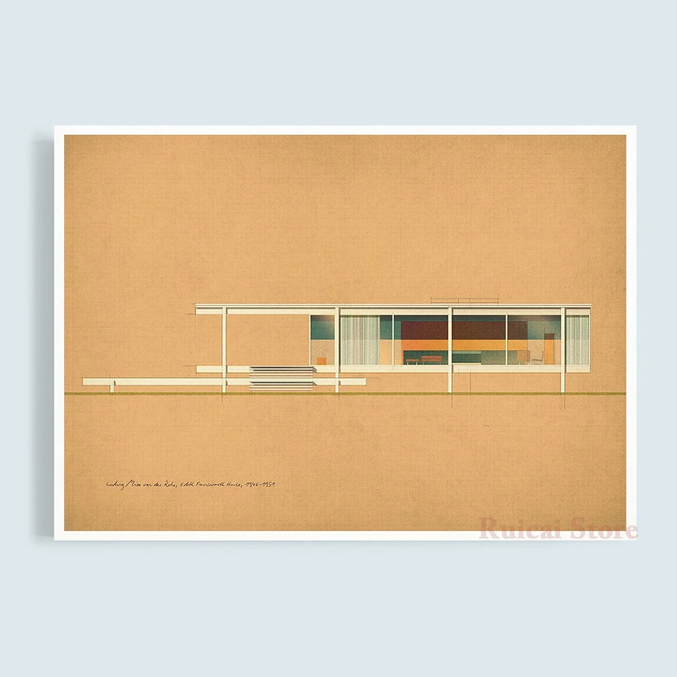 Ludwig Mies van der Rohe, Edith Farnsworth House Poster Canvas Art Room Wall Painting Home Decor