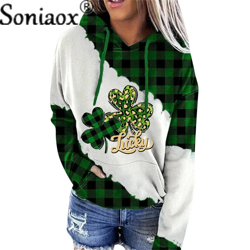 Autumn Green Splicing Hoodie Female Elegant 2022 Winter Warm Trefoil Long Sleeve Sweatshirt Women Cotton Loose Casual Thick Tops