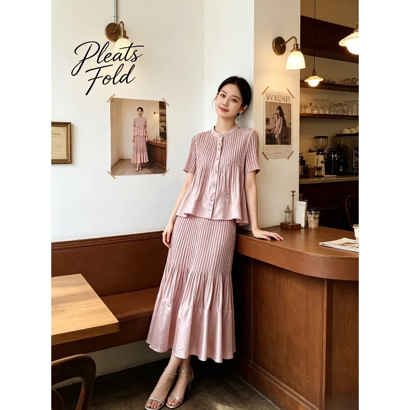 Miyake Pleated 2026 New Satin Suit for Women Summer Glossy Short Sleeve Doll Shirt Top High Waist Fishtail Skirt Two-Piece Set