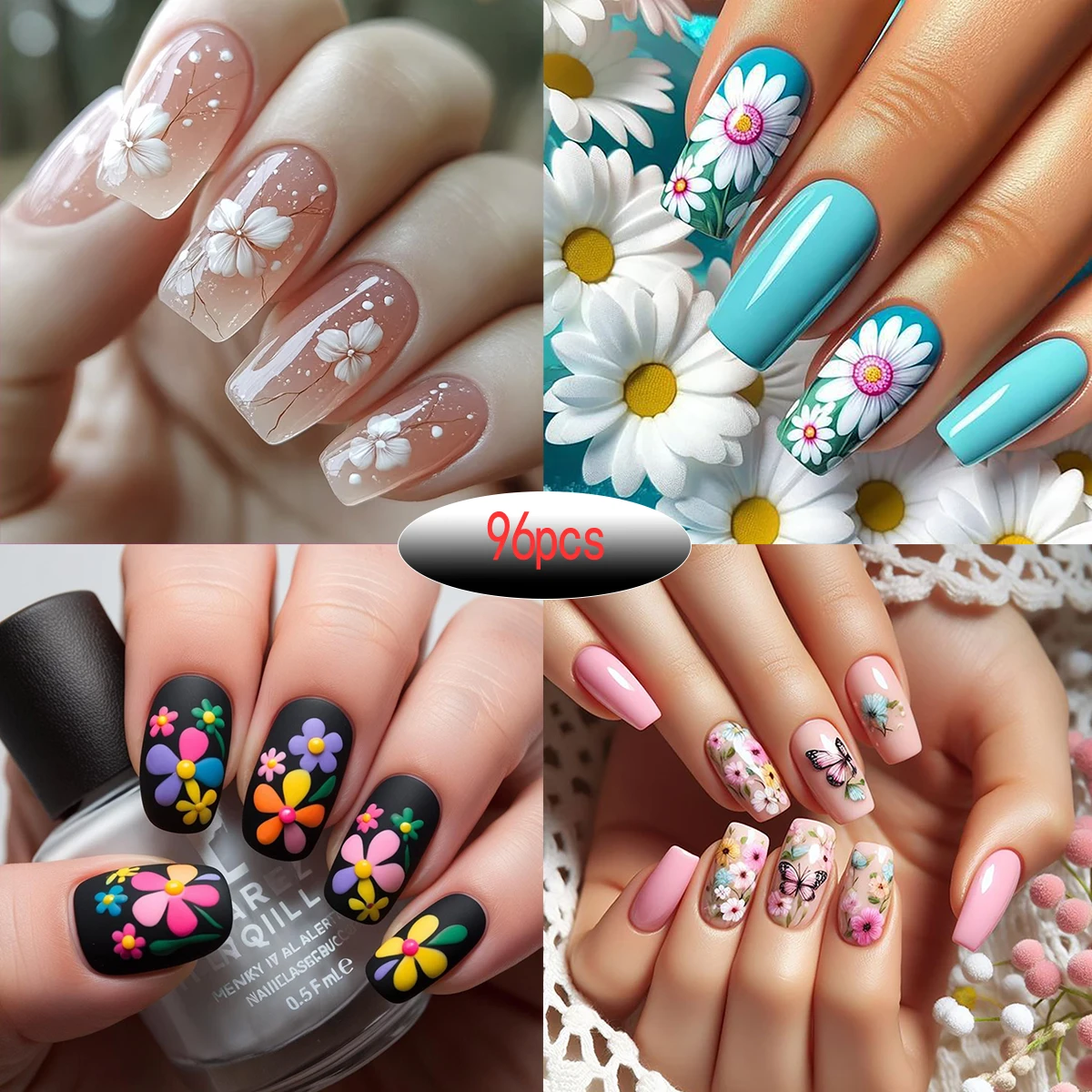 4er-Set 96/24-teilige kurze quadratische künstliche Nägel, entworfen mit verschmierteten bunten Blumen, kleinen Blumen, Gänseblümchen usw.,