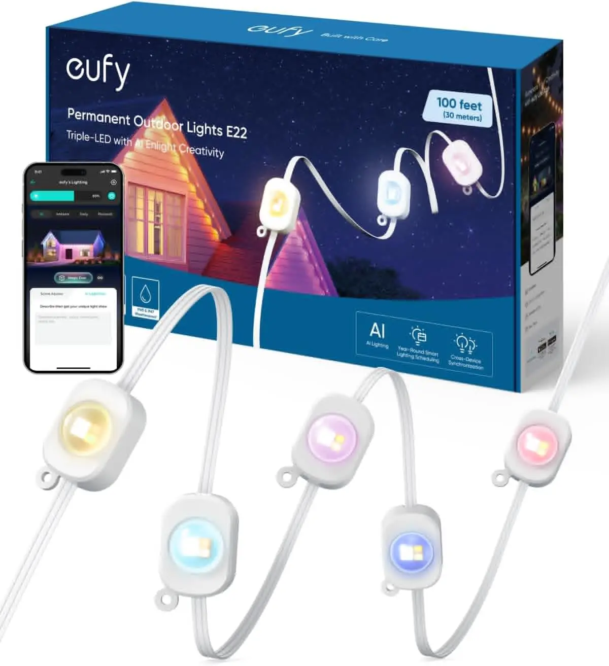 Refurbished eufy Permanent Outdoor Lights E22, 100ft with 60 Triple-LED Lights, Smart RGBWW for Christmas, Daily and Holiday, Up to IP67 Waterproof, AI Light Themes for Christmas Decorations, Works with eufy Cams