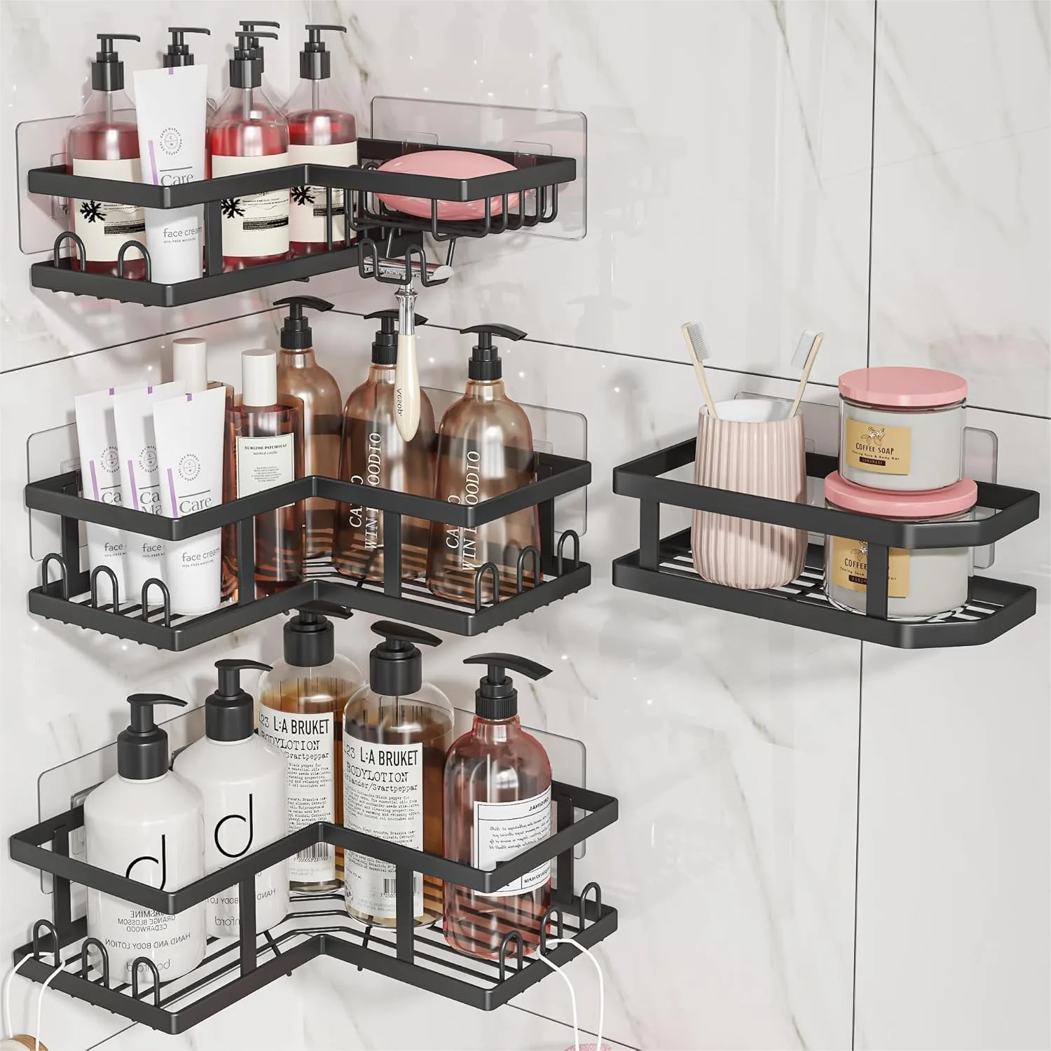 

Shower Caddy Corner with Soap Holder, No Drilling Adhesive Shelves for Bathroom, Black 4-Pack