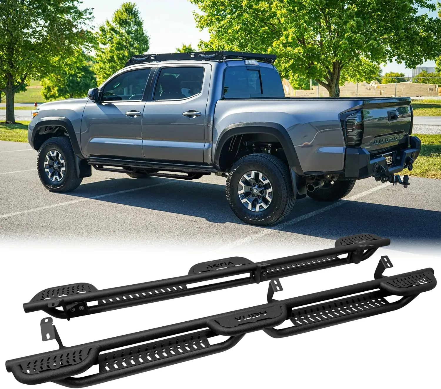 

Стальная подножка для Toyota Tacoma 2005-2023 гг., двойная кабина/шпалинная кабина (4 полноразмерные двери) Nerf Bar и боковая ступенька (черная текстура)