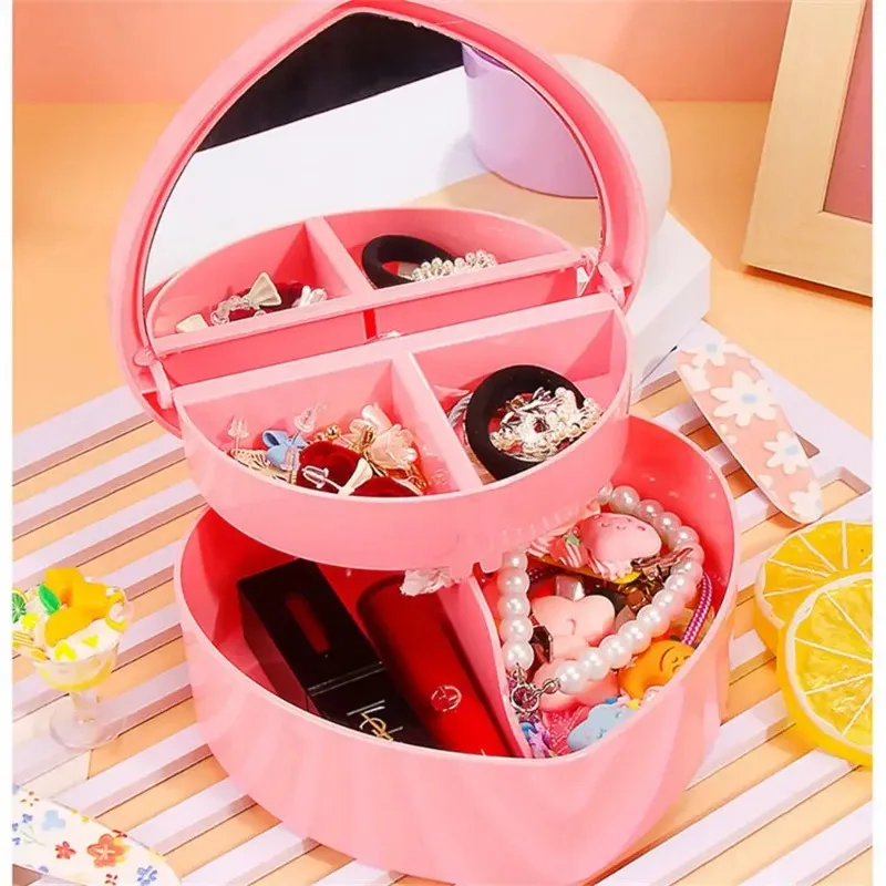 Jewelry Box Makeup Organizer with Mirror Girl Cute Plastic Box Make Up Storage Container Jewelry Tool Heart Shape