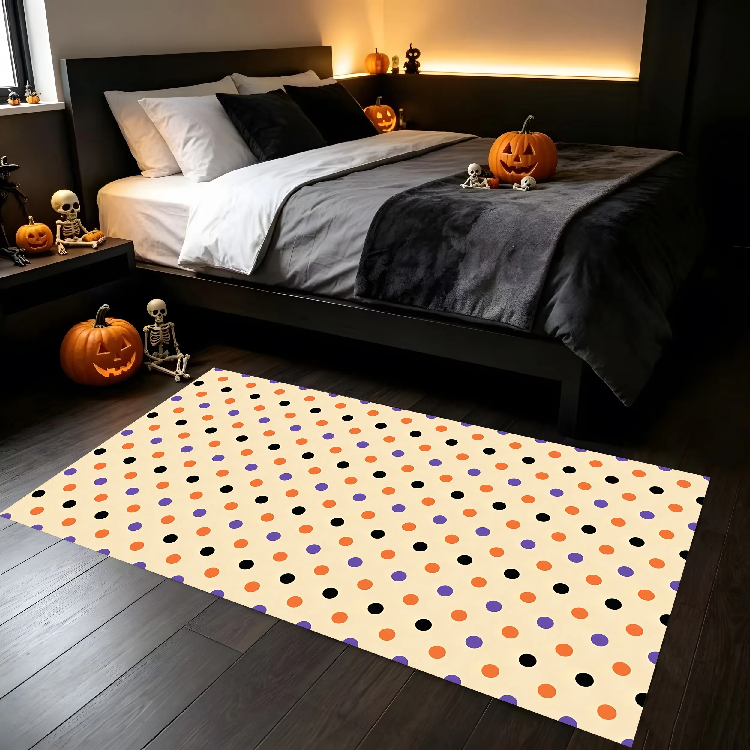 2D Large Area Rug in Orange, Black, Purple, with Neat Polka Dots, Retro Pop Art Style, for the Entire Living Room, Bedroom,..