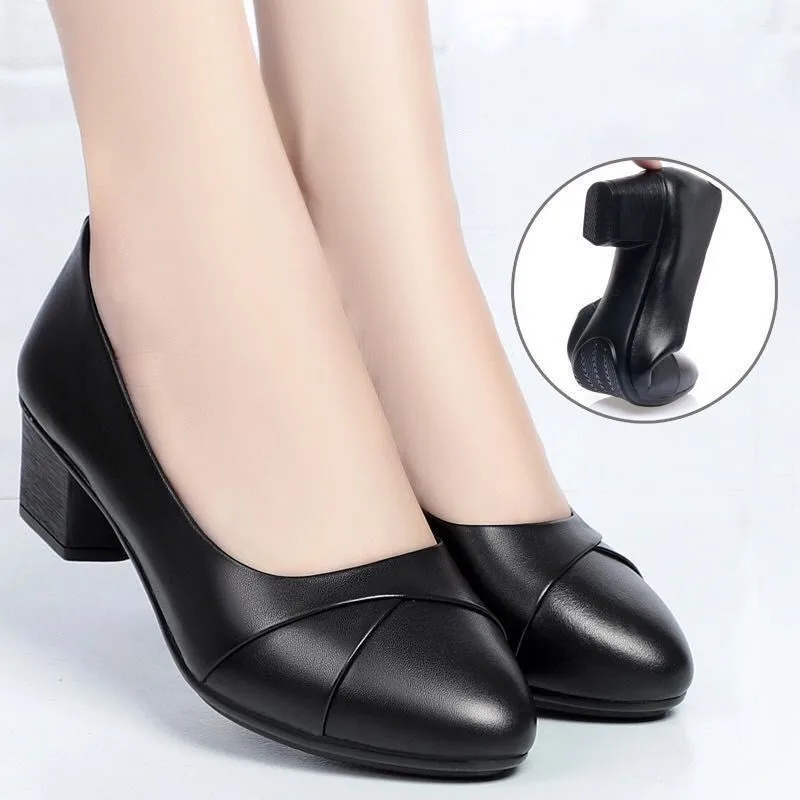 Women's Lightweight Comfortable Slip-On Chunky Heel Leather Dress Shoes, Breathable Versatile Work Commuting Black Spring Autumn