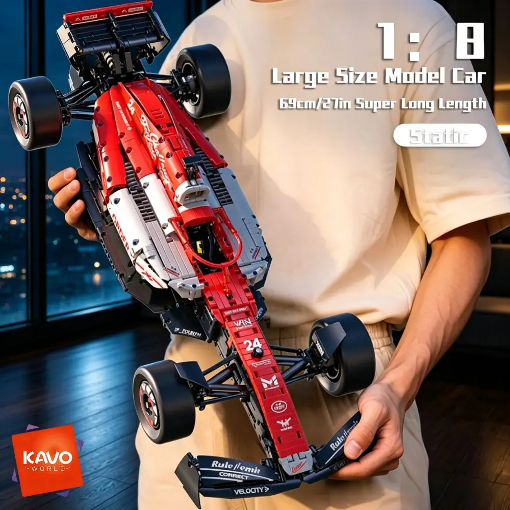 KAVOWORLD Formula Red And White Super Sports Car Building Blocks Vehicle Model Kit, 1:8 Scale 1768pcs Race Car with Simulation Tires Open Tail, Collection Ornaments DIY Building Toys for Home Desk Decor Christmas New Year Birthday Gift for Racing Fans