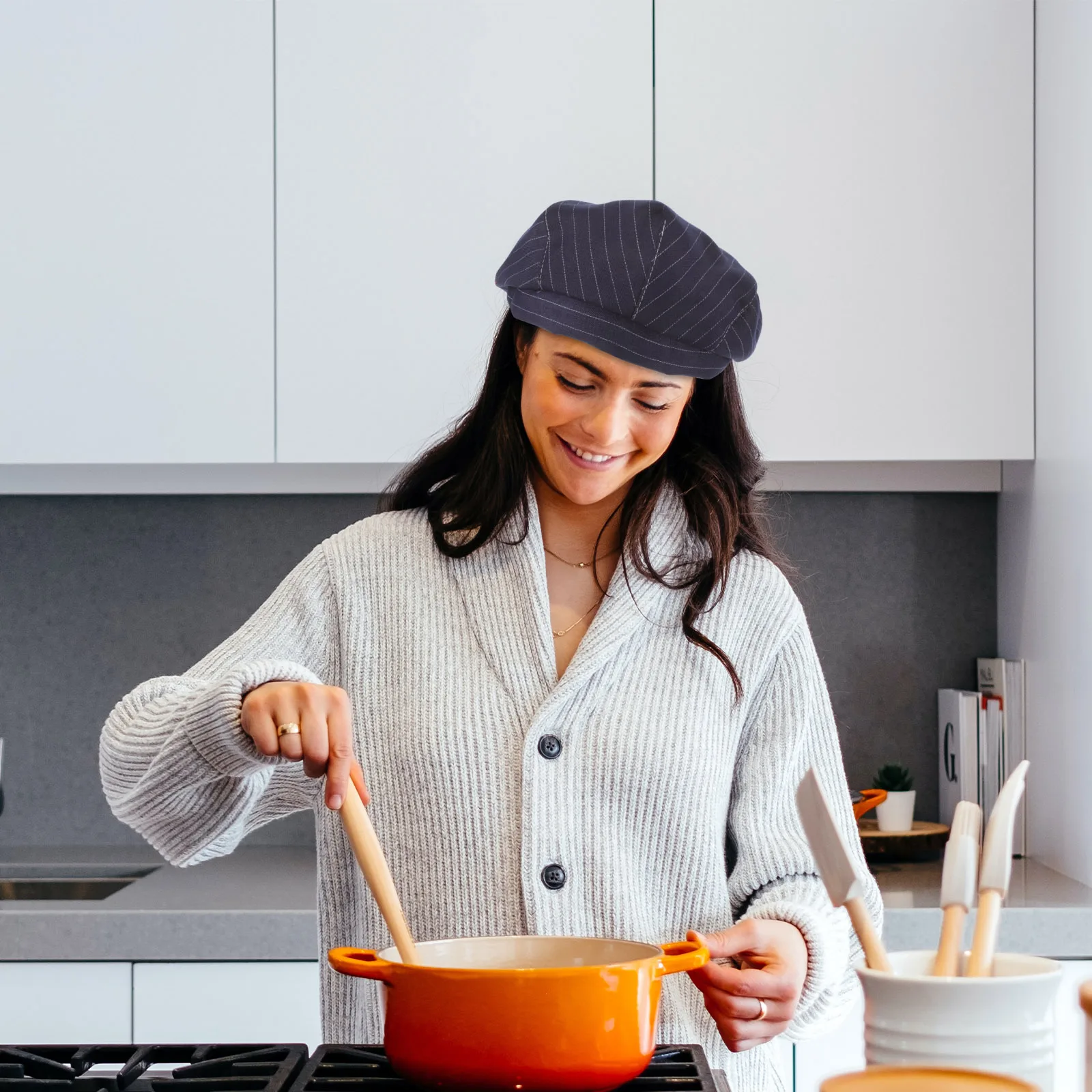 

Universal Chef Hats Denim Material Restaurant Kitchen Waiter Hat Stripe Design Cooking Cap For Men Stylish Durable Simple