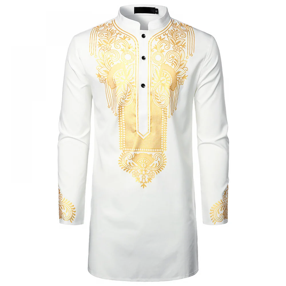 Disfraz de Cosplay étnico africano para hombre, camisa de manga corta con botón negro, blanco y azul, Top Dashiki con estampado dorado metálico