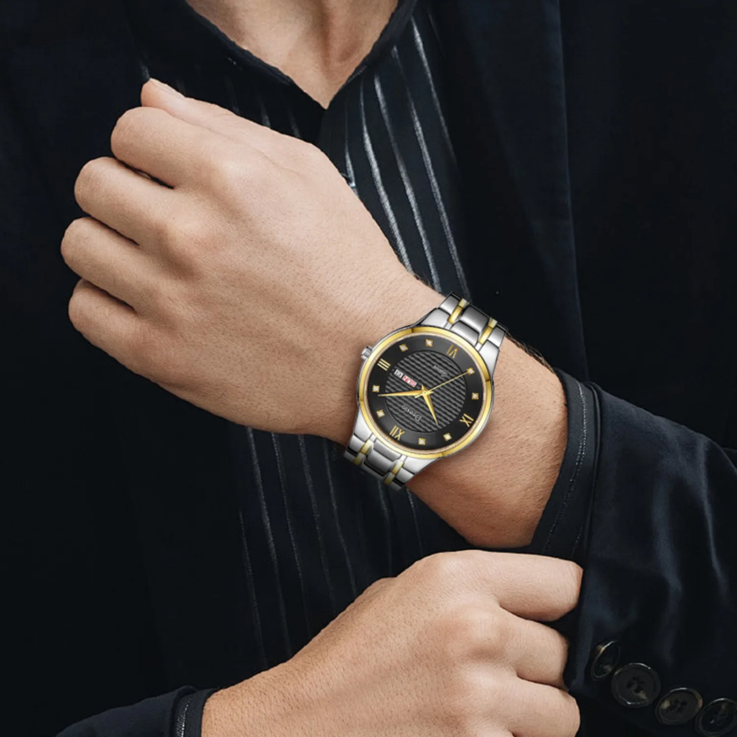 ساعة Deesio كاجوال عصرية للزوجين مصنوعة من مادة الفولاذ المقاوم للصدأ مقاومة للماء وعرض تقويم مزدوج هدايا للرجال والنساء