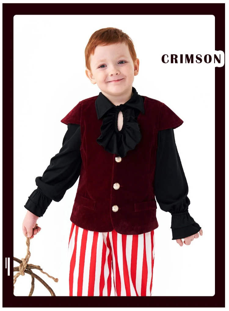 

Victorian Pirate Brown Outfit Kids Medieval Vampire Knight Cosplay Costume Vintage Ruffle Tops Shirt Black Vest Pants for Boys