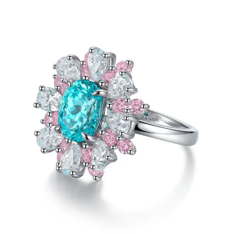 RUIF 2024 S925 Silver 3.175ct  Lab Grown Paraiba Rings for Women Beautiful Flower 5A Zirconia Wedding Statement