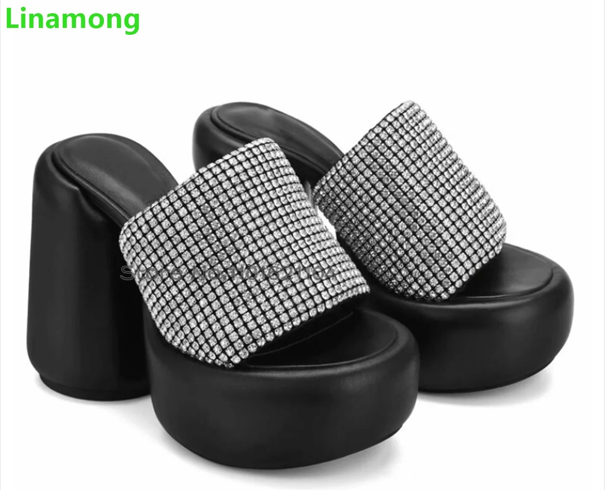 Black Platform Square Heel Slippers For Female Women 2024 New Crystal Blingling Round Toe Soft Fabric Outside Fashion Shoes