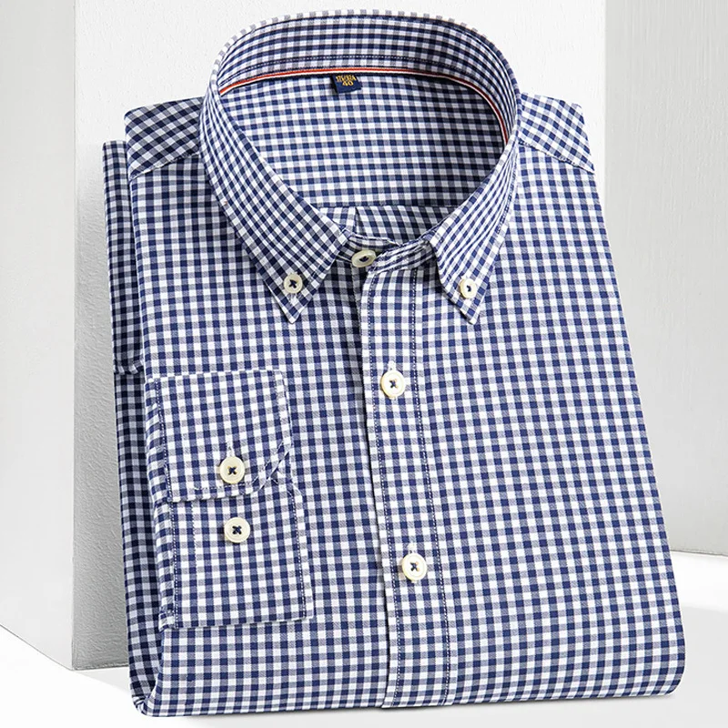 

Quality men's all cotton checkered shirt with long sleeved buckle collar, fashionable business and casual versatile men's shirt