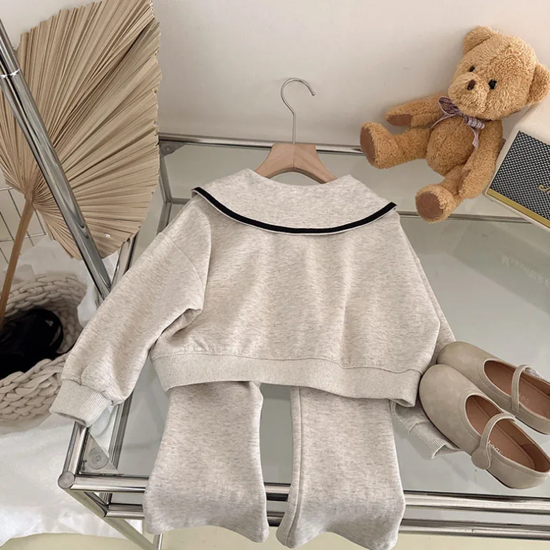 Humor Bear Girls\' Spring and Autumn Korean Fashion Baby Doll Neck Long-sleeved Hoodie+Pants Two Piece Set Casual Outfit 3-7Y