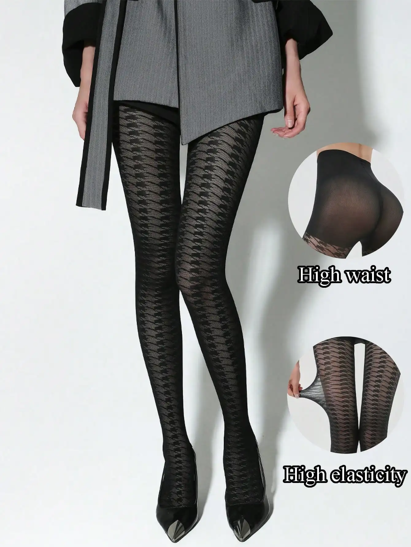 1 Paar Damen-Strumpfhose mit Hahnentrittmuster, hoher Taille und hoher Elastizität, modische Alltags- und Party-Strumpfhose