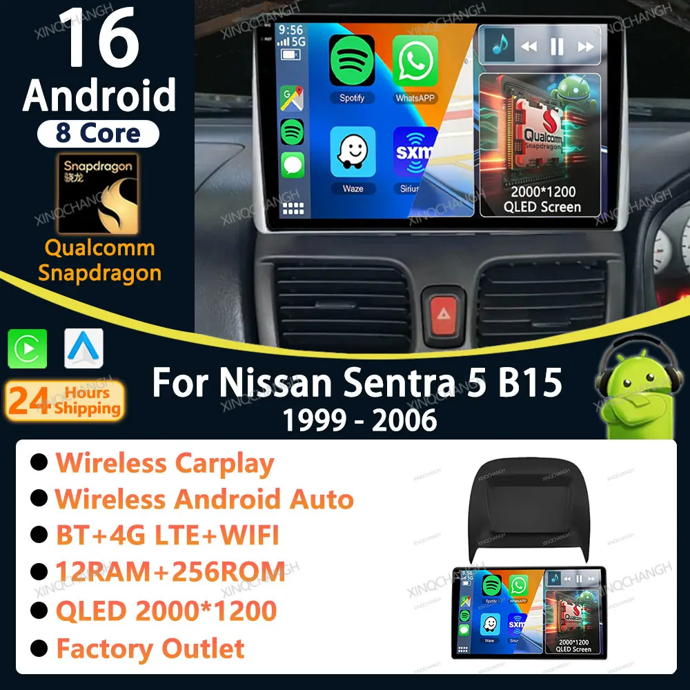 Rádio Automotivo Android 16 com Carplay Auto para Nissan Sentra 5 B15 1999 - 2006, GPS 2DIN, Unidade Principal com BT, 4G LTE, 5G WIFI, Qualcomm QLED, BT e GPS