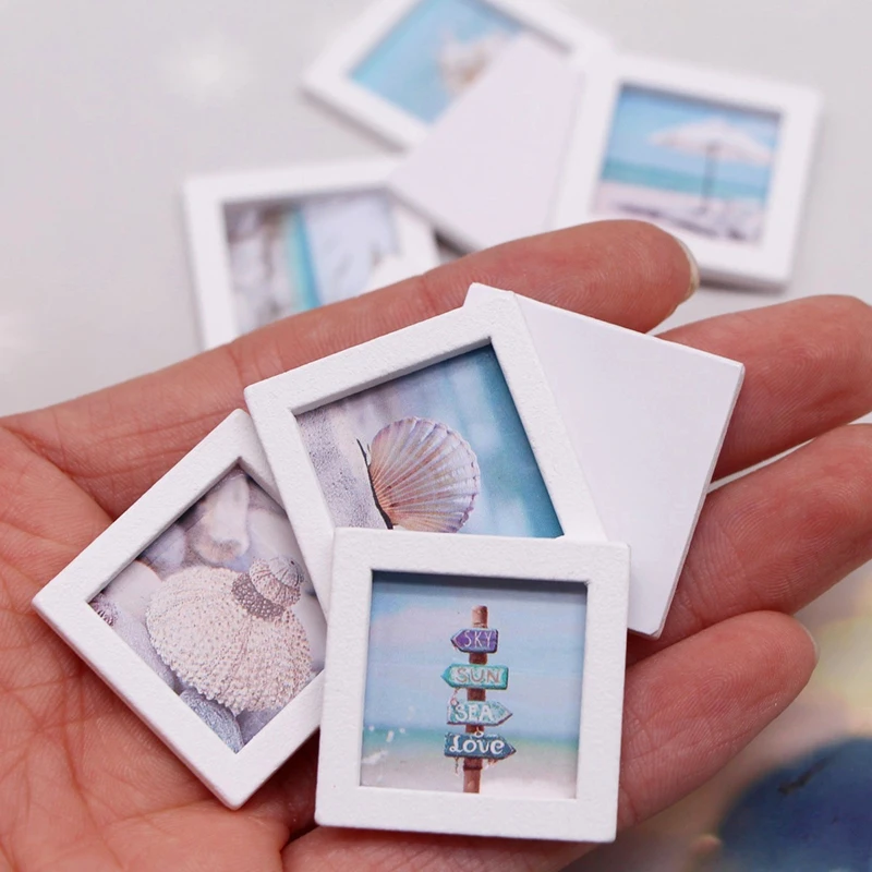 4/9Pcs 1:12 Dollhouse Miniature Summer Beach Photo Frame Landscape Mural Wall Decoration Model Decor Toy Doll House Accessories