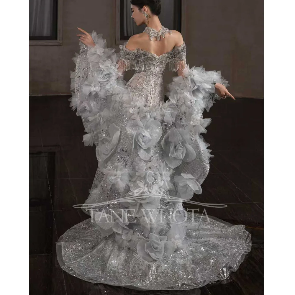 Suknia ślubna typu sheath z odkrytymi ramionami, haftem, koralikami, cekinami i kryształami, szyta na miarę, Vestido De Noiva Casamento