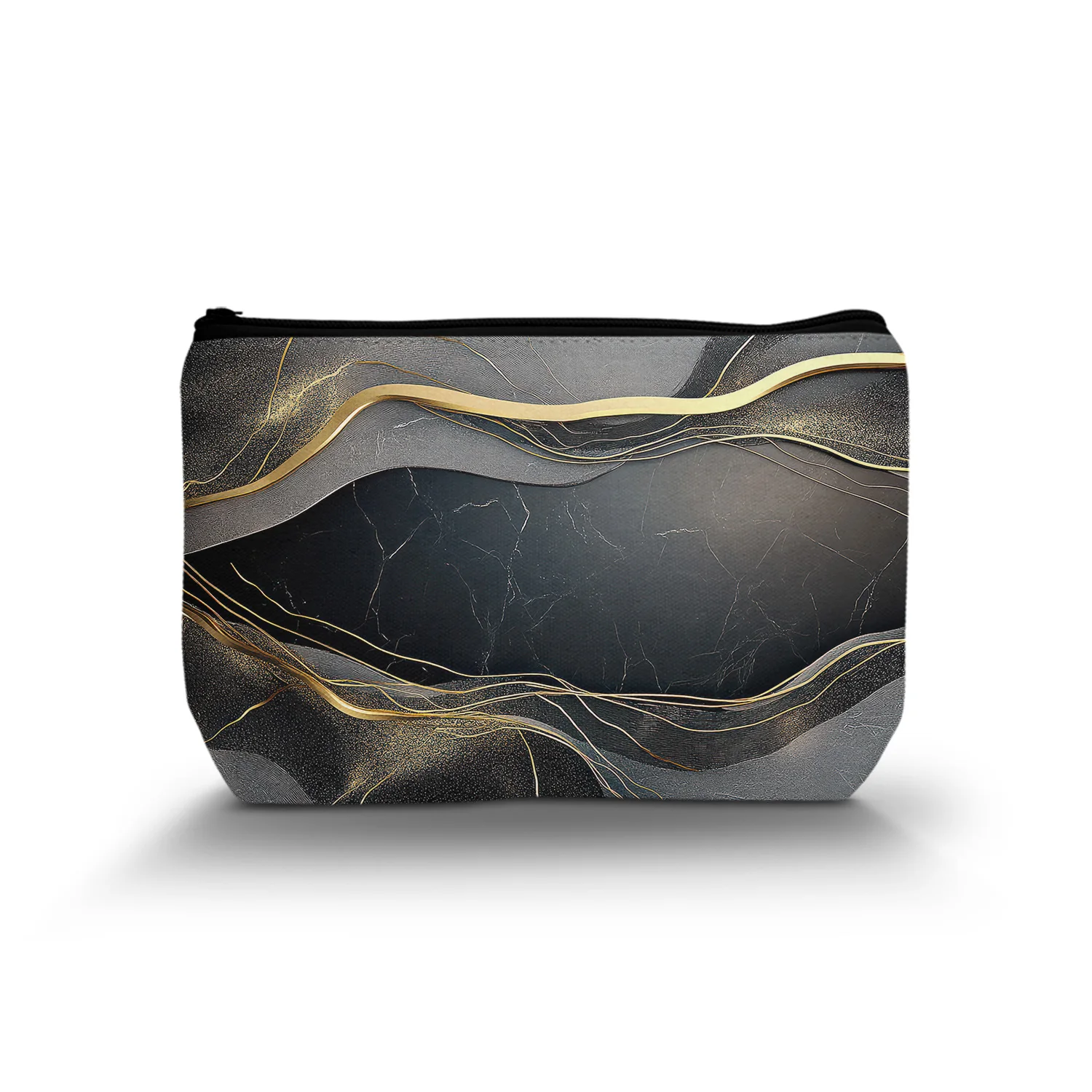 1Pc Black Marble Pattern Makeup Bags Black And Gold Color Modern Minimalist Style Portable Cosmetic Bag