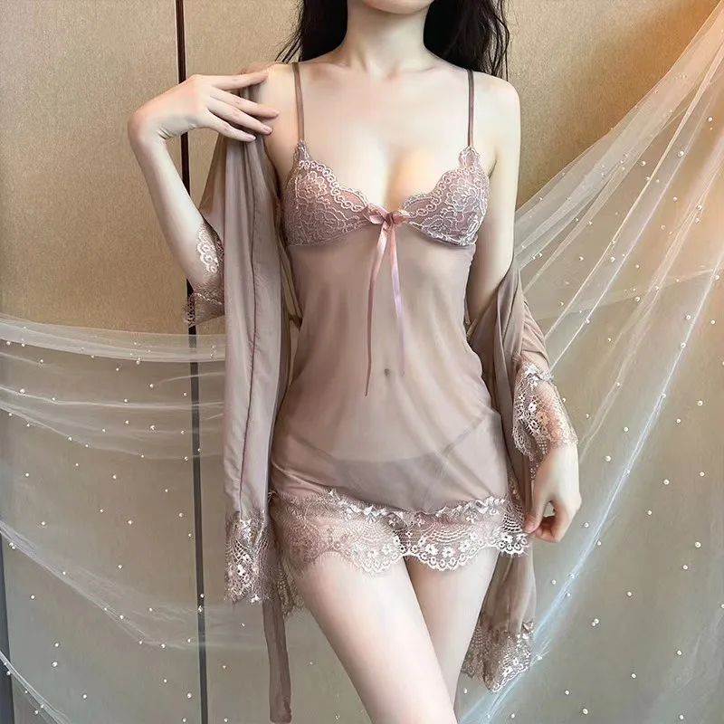 Four-piece Women's Pajamas Dress Lace Sexy Pajamas Short Skirt Perspective Mesh Suspender Nightgown Sexy Lingerie Night Dress