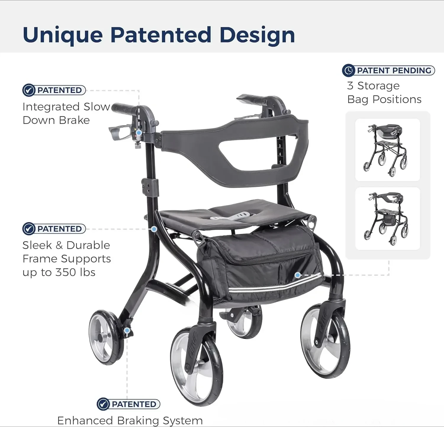 Sprint Foldable Rollator Walker with Seat, Standard Height Lightweight Rollator with Large Wheels