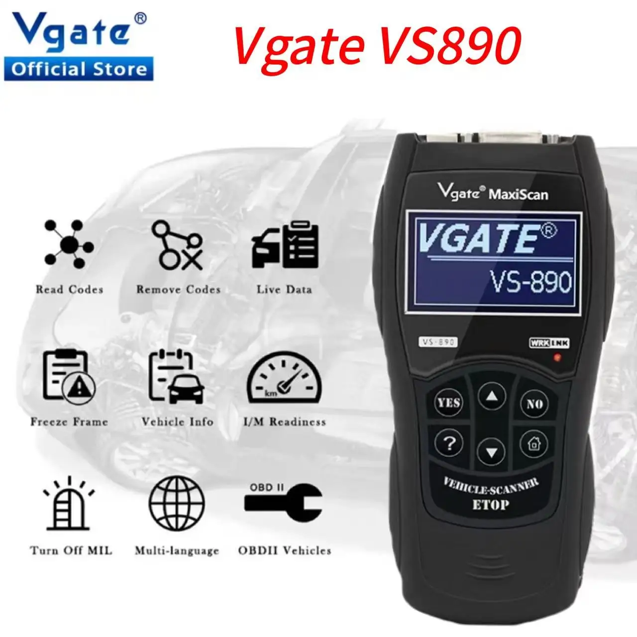 Vgate Original MaxiScan VS890 Auto OBD EOBD Scanner EPB Oil SAS ETS TMPS Reset Diagnostic Scanner Engine Tester Code Reader