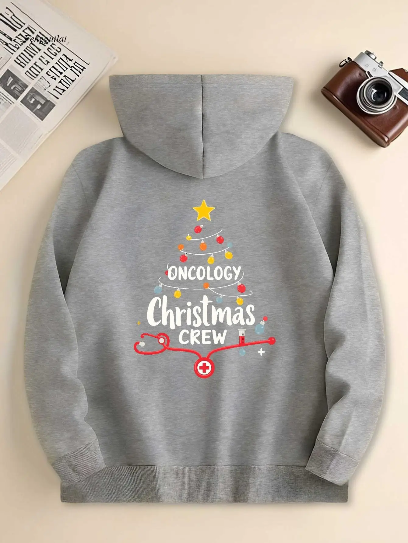 Moletom com capuz Oncology Christmas Crew Awareness – Fita verde e estampa de símbolos, moletom com capuz de ajuste relaxado com bolsos