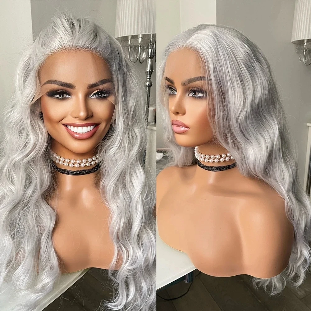 QW Blonde Silver Deep Wave Synthetic Lace Front Wigs for Women Free Part Pre Plucked Natural Looking Daily Party Wear Wigs