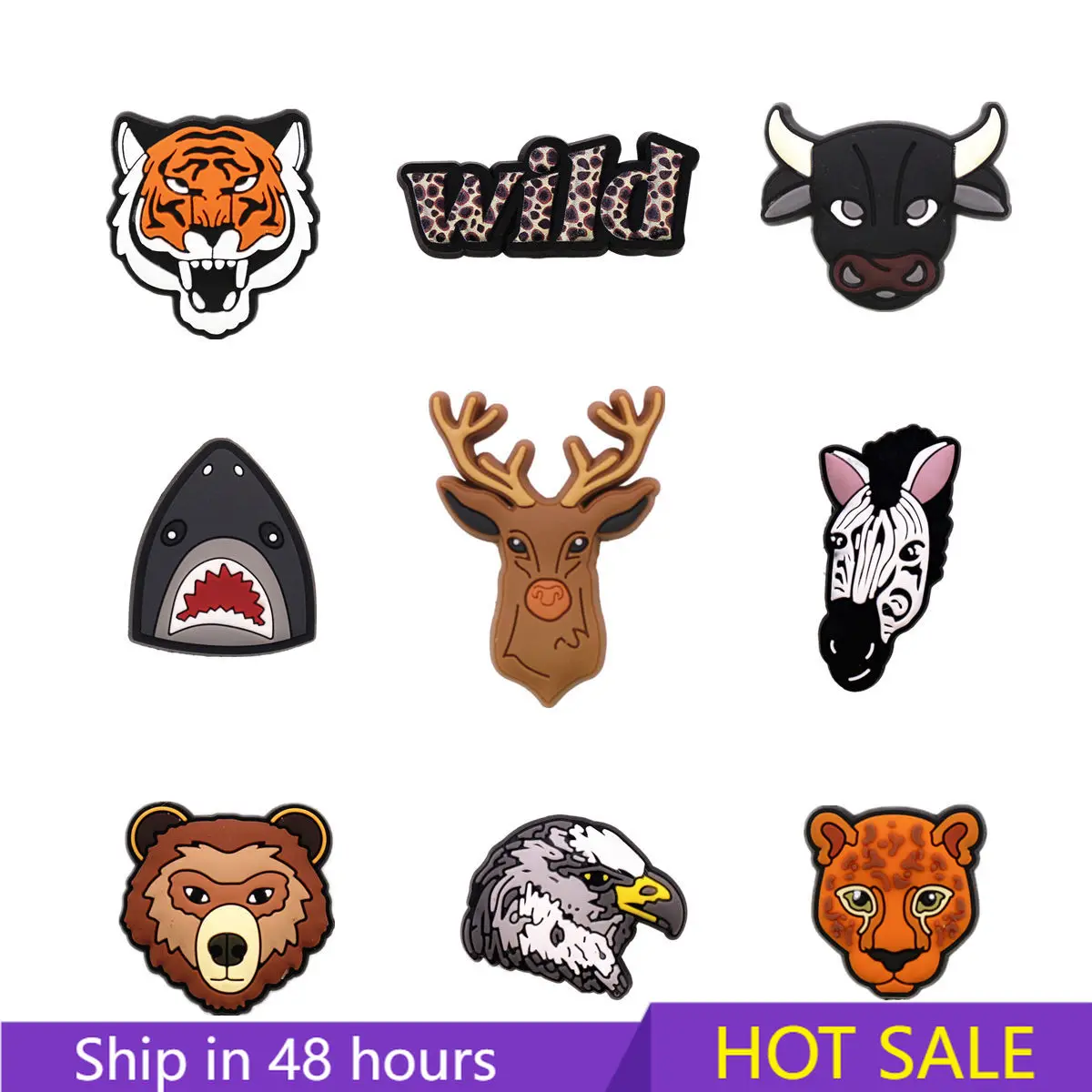 1pcs Original Animals Portraits PVC Shoe Charms Accessories Tiger Bear Bull Deer Zebra Eagle Shark Shapes Clogs Pins Decorations