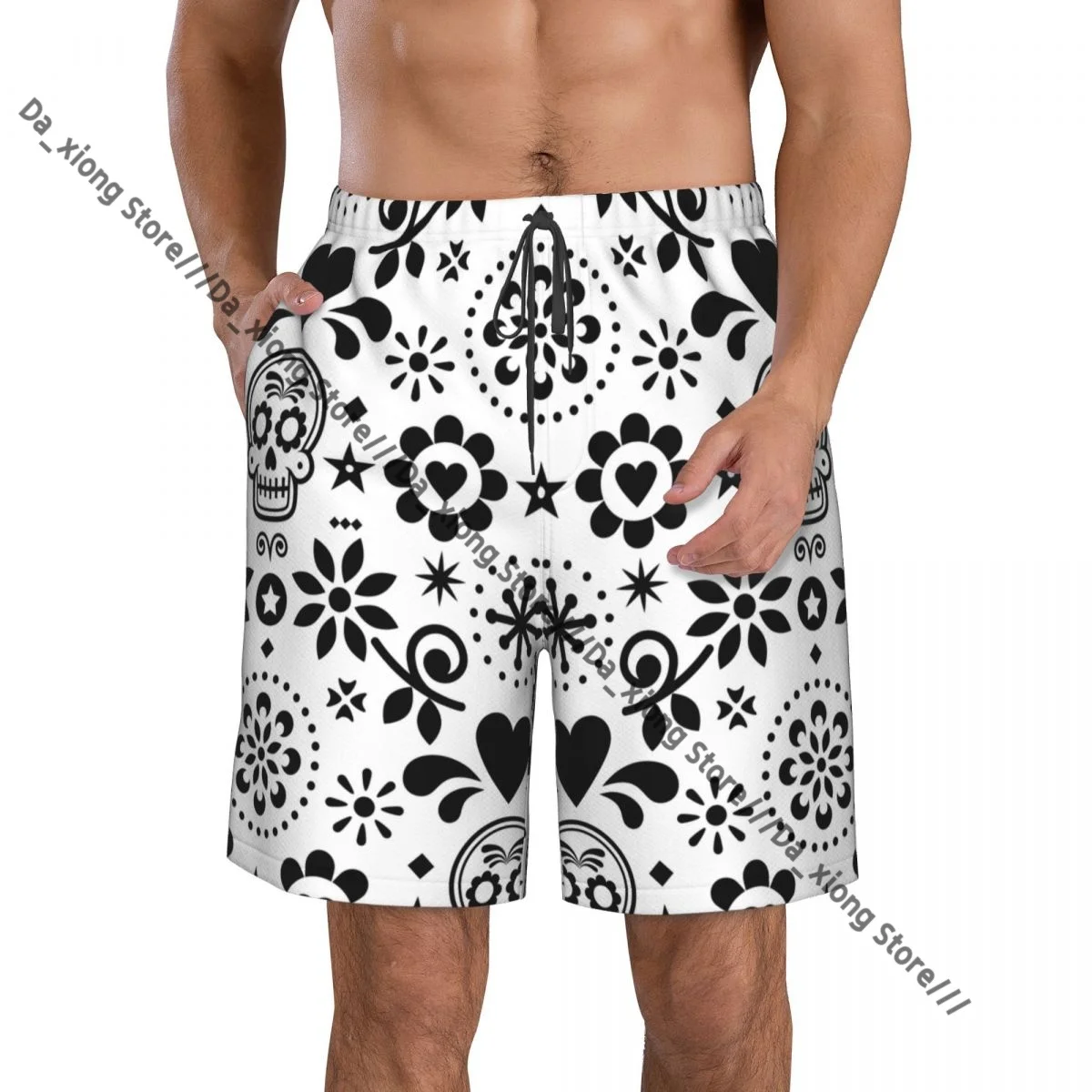 

Мужские шорты для плавания, купальники, черно-белые плавки с сахарным черепом, купальник, пляжная одежда, шорты для плавания