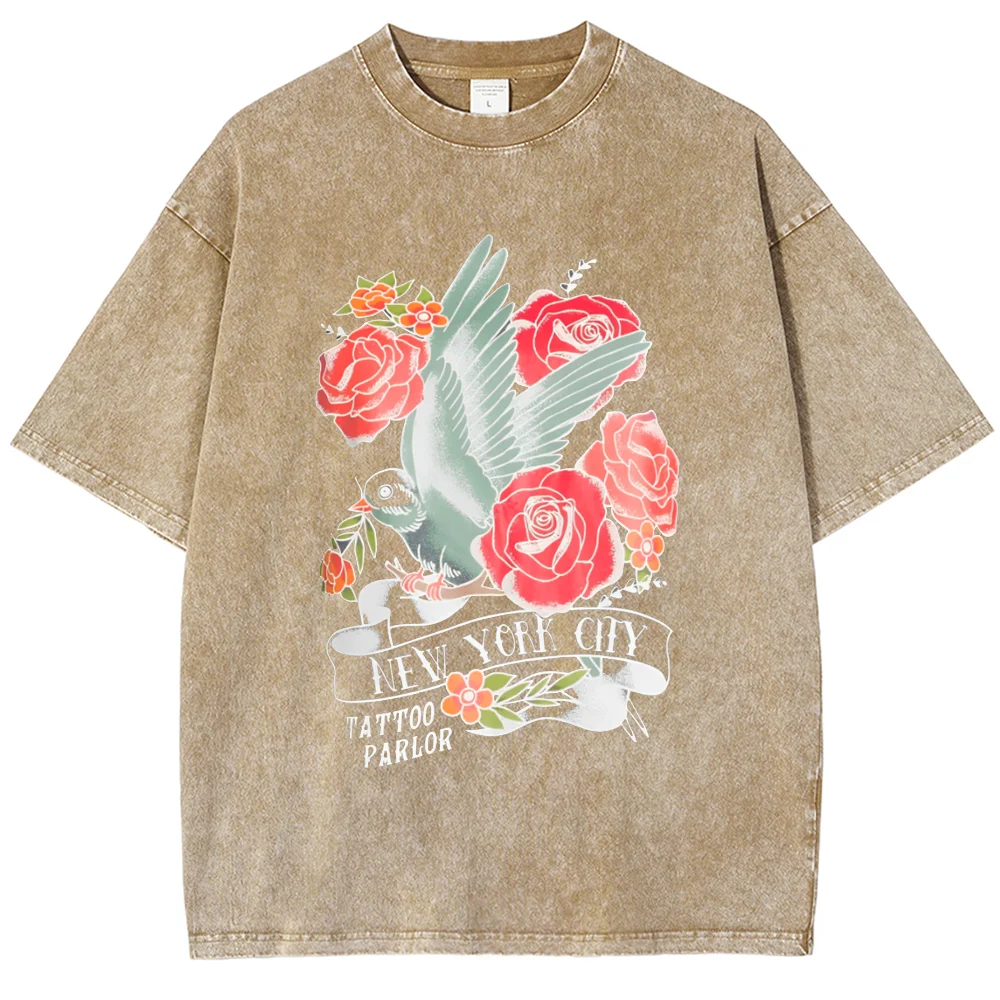 Romantic Rose-Printed Cotton Women's T-Shirt Washed Faux Denim Oversized Half-Sleeved Sweet Elegant Casual Top