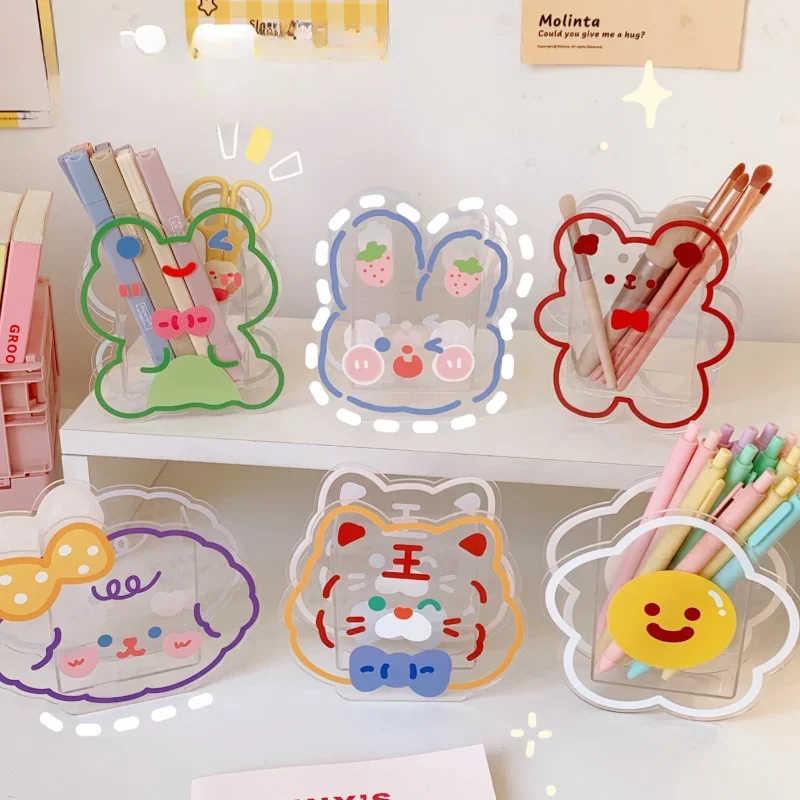 Kawaii Cartoon Acrylic Pen Holder Desktop Organizer INS Transparent Bunny Bear Tiger Office Stationery Cosmetics Storage Box