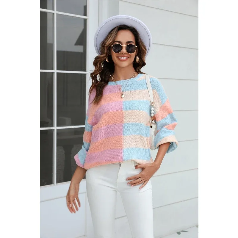 Autumn new women's clothing, splicing striped contrasting color crew neck knitted sweater pullover