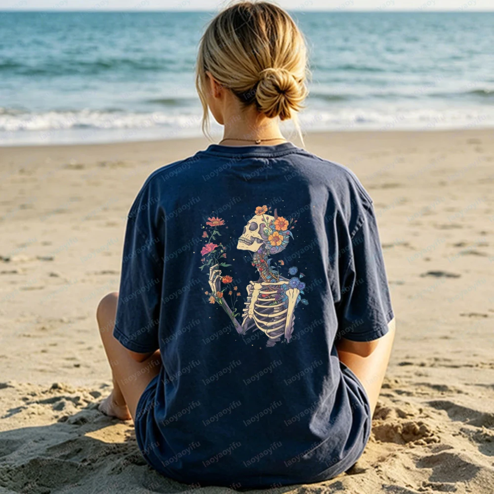Floral Skeleton Cotton T-Shirt Boho Botanical Graphic Tee Vintage Gothic Aesthetic Casual Tops Summer Fashion Clothes for Women