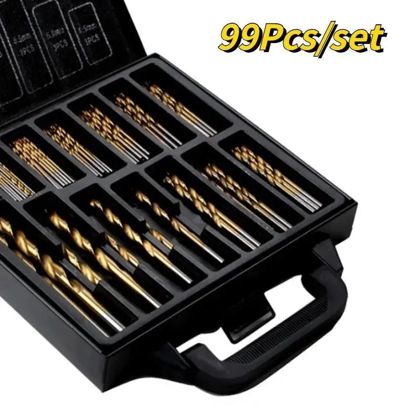 

99PCS/Set Twist Drill High Speed Steel Titanium-plated Twist Steel Plate Drill Mixed Plastic Boxes Household Tools
