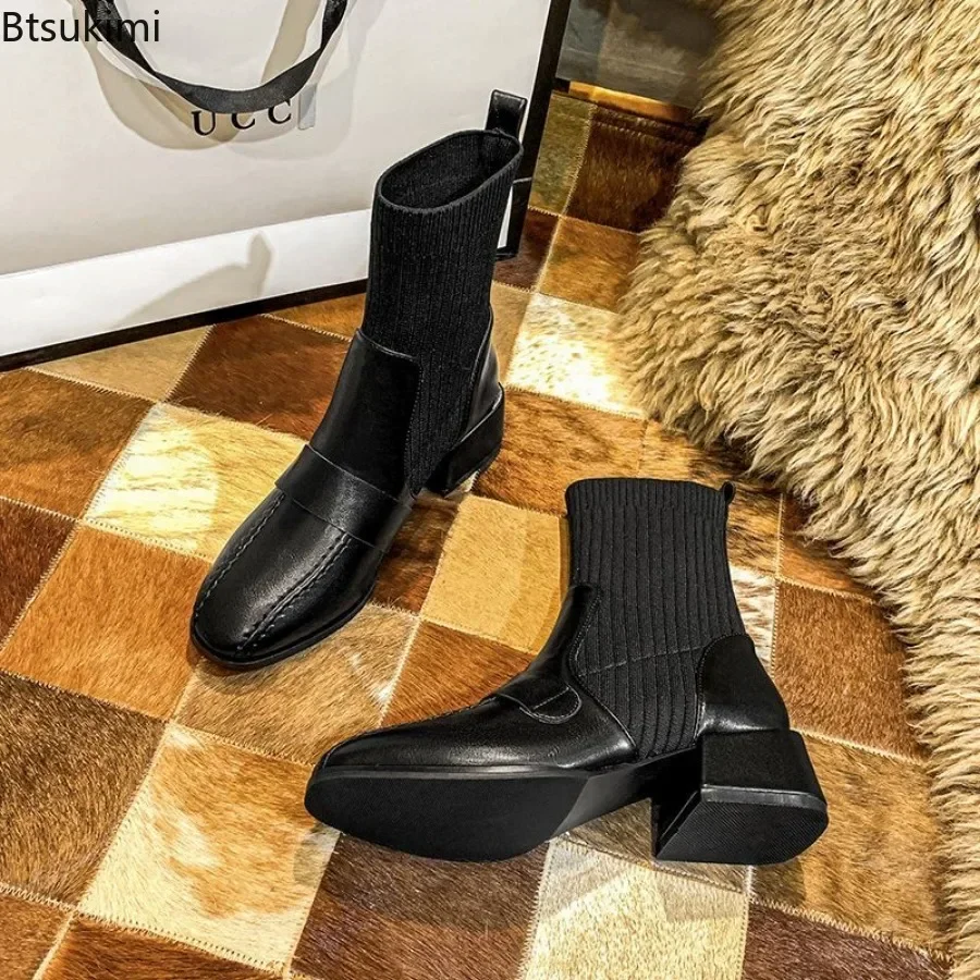 2024 Women's Fashion Short Boots Martin Boots Female Medium Heel Light Socks Shoes British Ladies' Short Boots Zapatos De Mujer