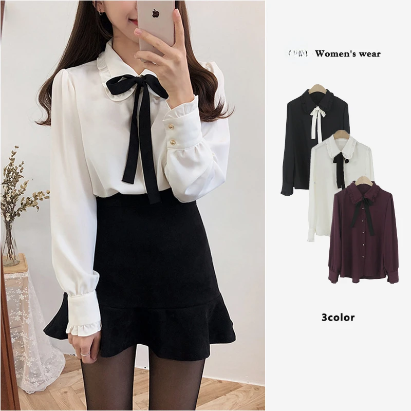 2023 Hot Sales Women\'s Cute Sweet Girls Vintage Black White Lace-Up Ruffled Ribbon Tops Button Elegant Formal Shirts Blouses