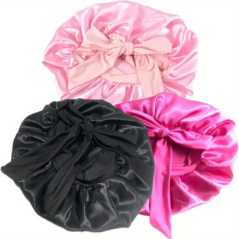 قطعة واحدة من قبعة الشعر الساتان ومجموعة Scrunchie مع قبعة نوم قابلة للتعديل/قبعة استحمام مرنة واسعة النطاق للنساء وجميع الشعر المجعد
