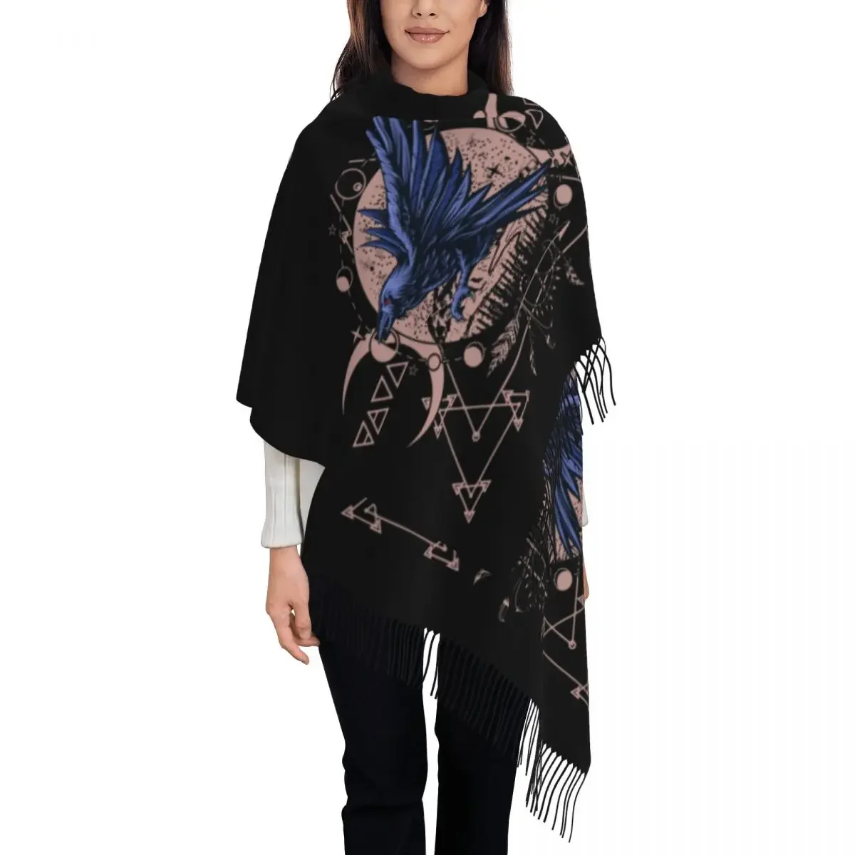 Custom Ladies Long Raven Wiccan Mandala Scarves Women Winter Thick Warm Tassel Shawl Wrap Scarf