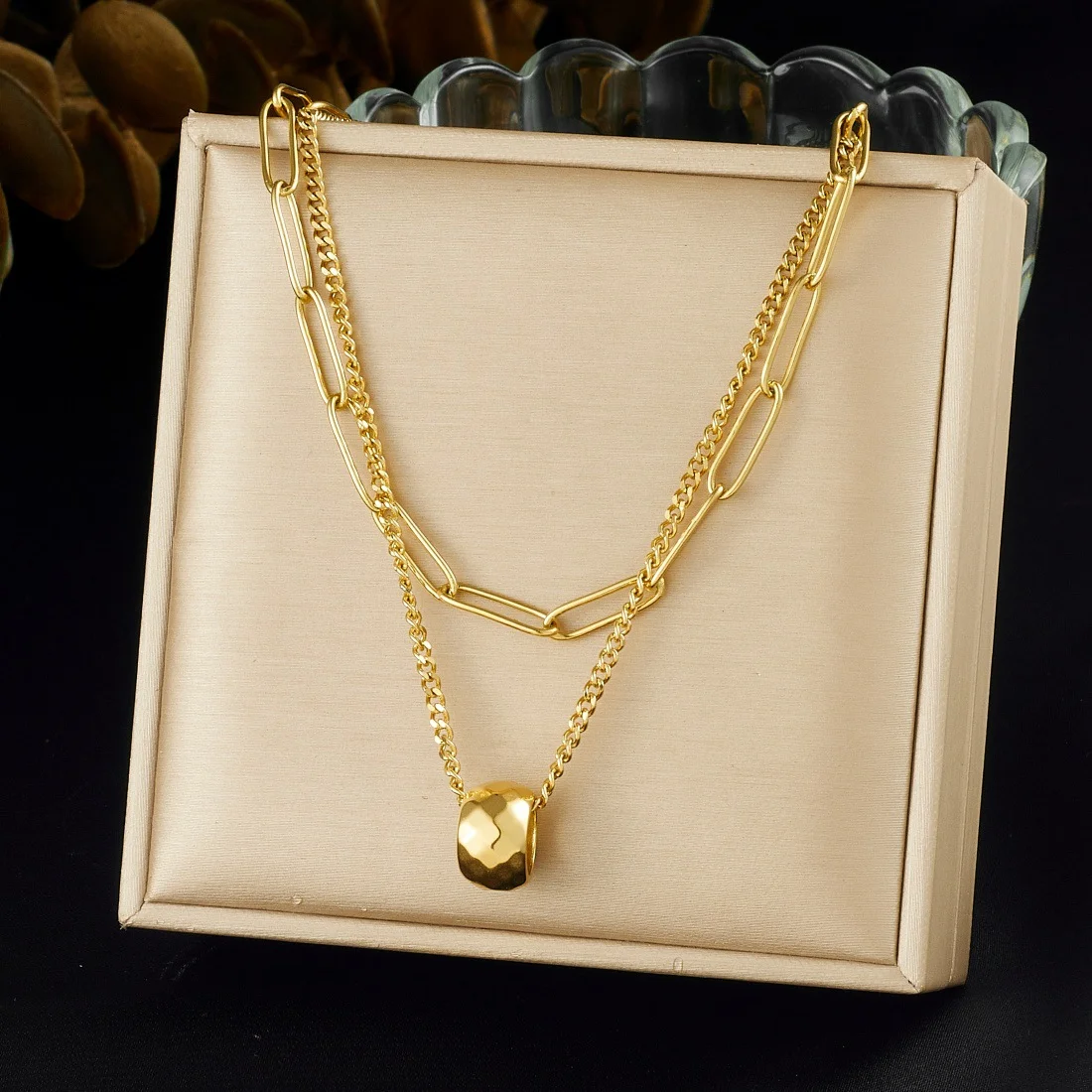

18K Gold Plated 316L Stainless Steel Double Layer Hammered Bead Pendant Necklace with Paperclip & Cuban Chain for Women