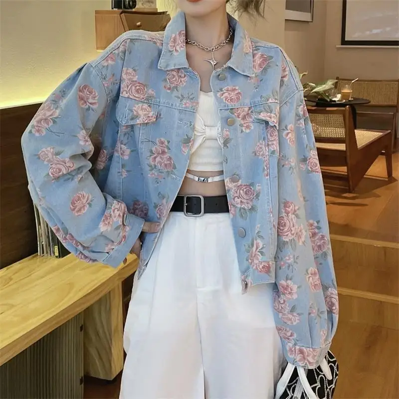 Rose Print Jean Jacket Women Clothes Short Jeans Denim Coat Korean 2026 New Spring Autumn Students Vintage Wash Denim Jacket