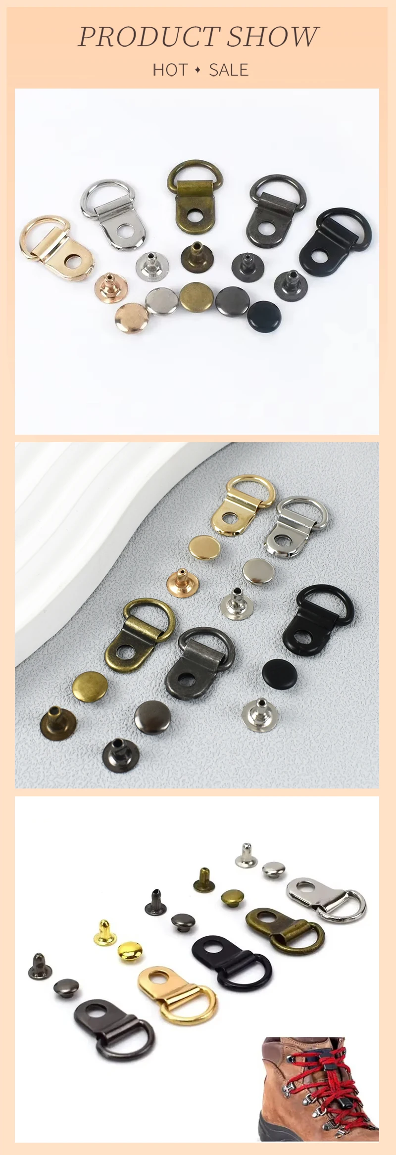 10-50Sets 9*14mm Tasche Strap Seite Stecker D Ring Metall Schnallen Schnürsenkel Haken Bild Rahmen niet Kleiderbügel Karabiner Clips Handwerk – Detail 4