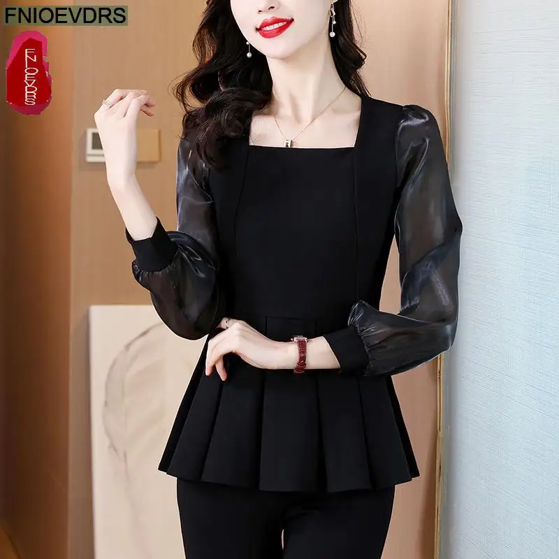 Loose Clothes Women 2024 Autumn Elegant Office Lady Button Shirts Casual Retro Vintage Black Mesh Tunic Peplum Tops Blouses