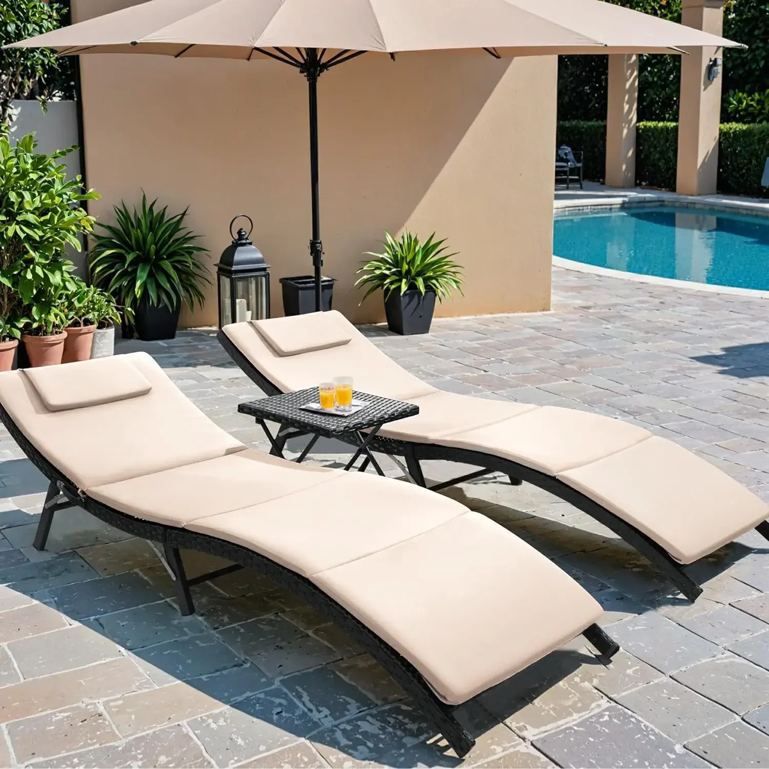 

Patio Chaise Lounge with Cushions Unadjustable Modern Outdoor Set PE Wicker Rattan Backrest Lounger Chair